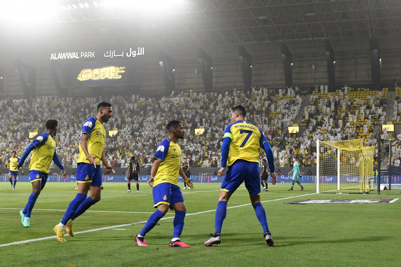 كريستيانو رونالدو يحتفل بعد هدفه مع النصر ضد الرائد (المصدر:Gettyimages)