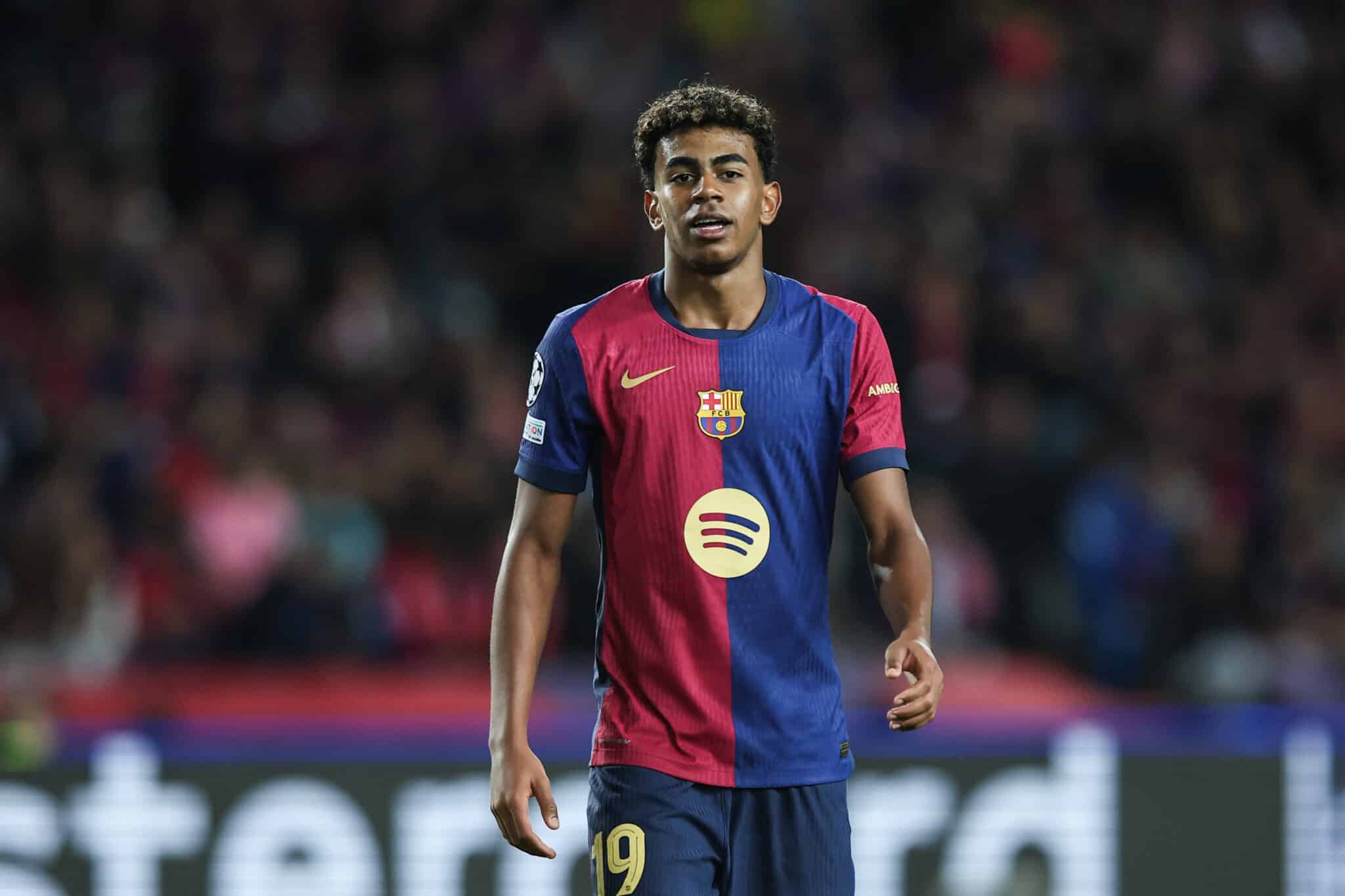 Lamine Yamal of FC Barcelona participates in the UEFA Champions League 2024/25 League Phase match between FC Barcelona and FC Bayern Munich at Estadi Olimpic Lluis Companys in Barcelona, Spain, on October 23, 2024.
