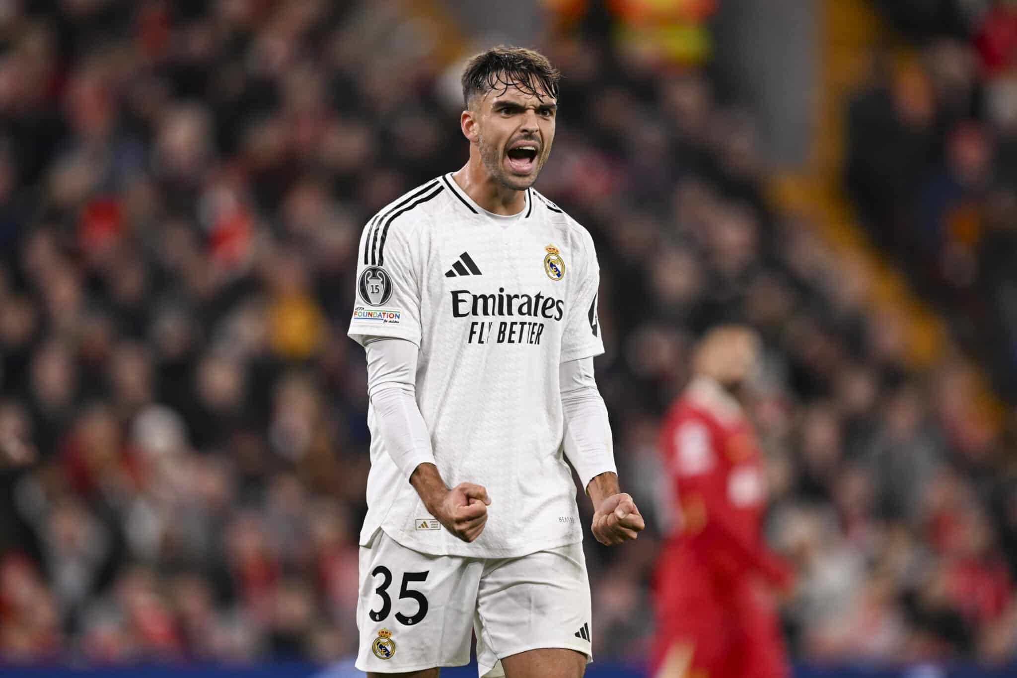 Raúl Asencio of Real Madrid reacts during the UEFA Champions League 2024/25 League Phase MD5 match between Liverpool FC and Real Madrid C.F
