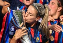 Alexia Putellas of FC Barcelona kisses the trophy after her side's victory in the UEFA Women's Champions League Final 2022/23 final match between FC Barcelona and Vfl Wolfsburg in the PSV Stadion on June 3, 2023 in Eindhoven, Netherlands.