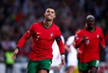 PORTO, PORTUGAL - NOVEMBER 15: Cristiano Ronaldo of Portugal celebrates after scoring his team's second goal during the UEFA Nations League 2024/25 League A Group A1 match between Portugal and Poland at Estádio do Dragão on November 15, 2024 in Porto, Portugal.