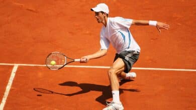 Novak Djokovic of Serbia and Montenegro in action against Rafael Nadal of Spain during day eleven of the French Open at Roland Garros