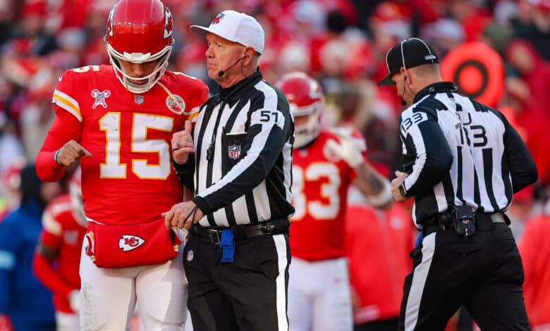 Referee Carl Cheffers speaks to Patrick Mahomes of the Kansas City Chiefs
