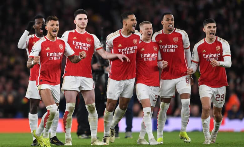 Ben White, Declan Rice, William Saliba, Oleksandr Zinchenko, Gabriel Magalhaes and Kai Havertz of Arsenal celebrate the 1st penalty save in the shoot out during the UEFA Champions League