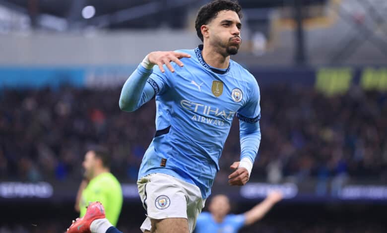 Omar Marmoush of Manchester City celebrates after scoring their 2nd goal during the Premier League match between Manchester City FC and Newcastle United FC