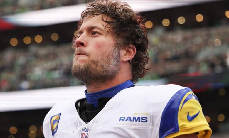 PHILADELPHIA, PENNSYLVANIA - JANUARY 19: Matthew Stafford #9 of the Los Angeles Rams stands for the national anthem prior to the NFC Divisional playoff game against the Philadelphia Eagles at Lincoln Financial Field on January 19, 2025 in Philadelphia, Pennsylvania. The Eagles defeated the Rams 28-22.